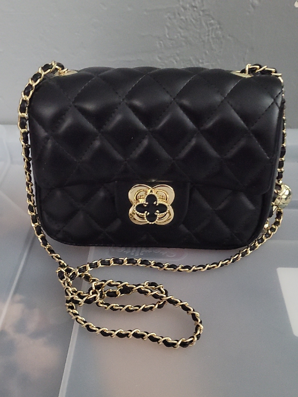 Black Quilted Crossbody Bag with Gold Chain